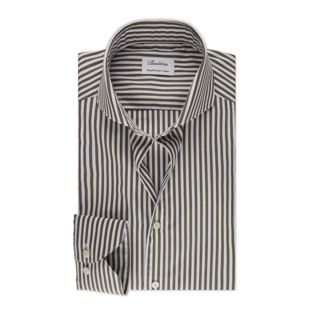 Stenstroms - Green Striped Poplin Men's Dress Shirt - Fitted Body