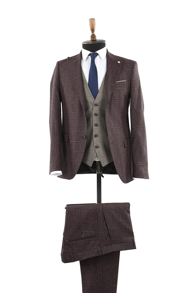 JAKAMEN - Brown Slim Fit Pointed Collar Vest Men's Suit