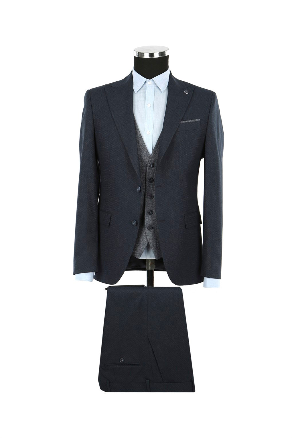 JAKAMEN - Dark Navy Blue Slim Fit Pointed Collar Vest Men's Suit