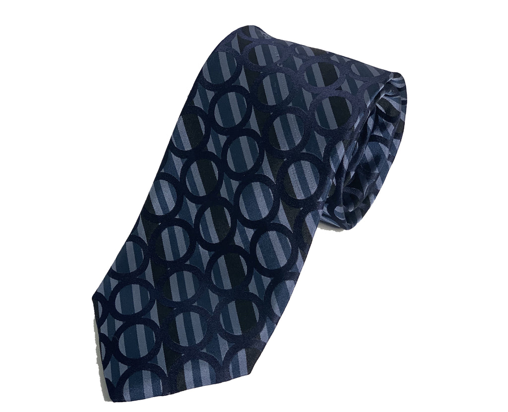 Dion Men's 100% Silk Neck Tie - Navy Blue Circles - BNWT