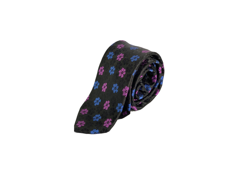 Dion Men's 100% Silk Neck Tie - Floral Black,Pink,Blue - BNWT