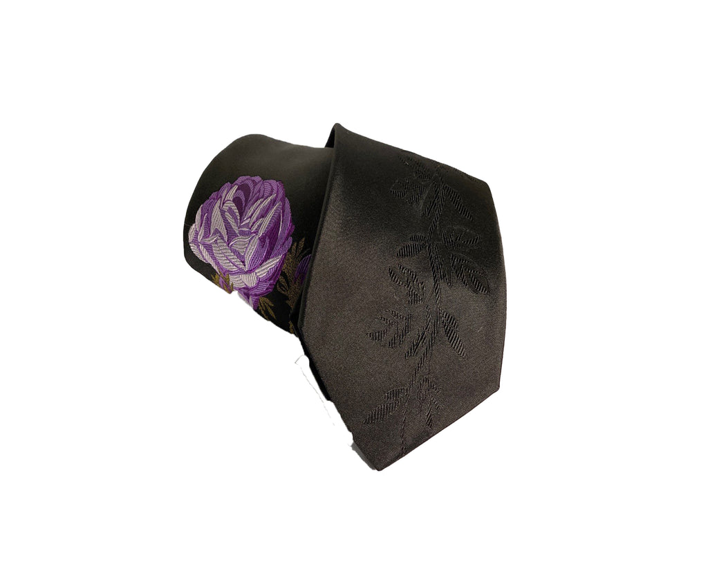 Dion Men's 100% Silk Neck Tie - Floral Black/Purple - BNWT