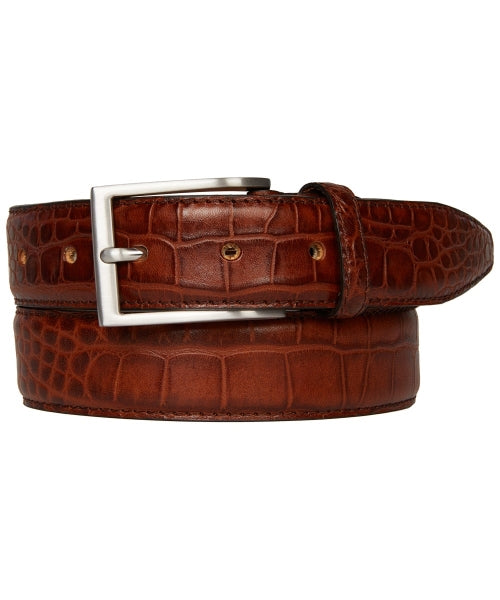 Profuomo Men's Premium Leather Belt Crocodile Pattern Cognac Belt