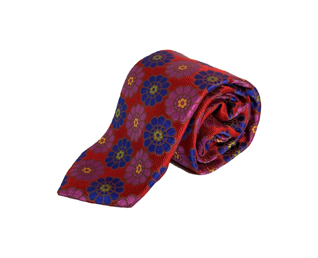Dion Men's 100% Silk Neck Tie - Floral Red/Blue/Pink - BNWT