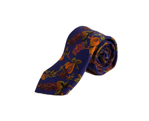 Dion Men's 100% Silk Neck Tie - Floral - Blue/Orange Grapes - BNWT