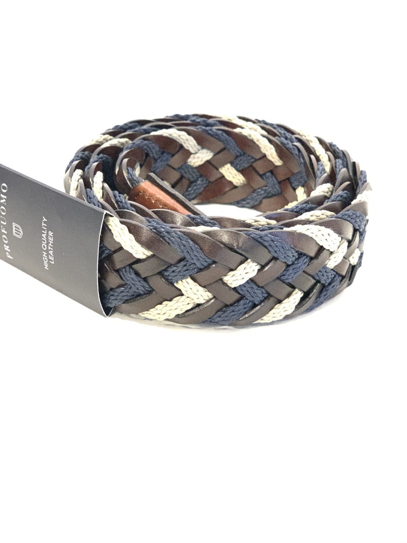 Profuomo - Leather/Cotton Braided Belt - Brown & Blue